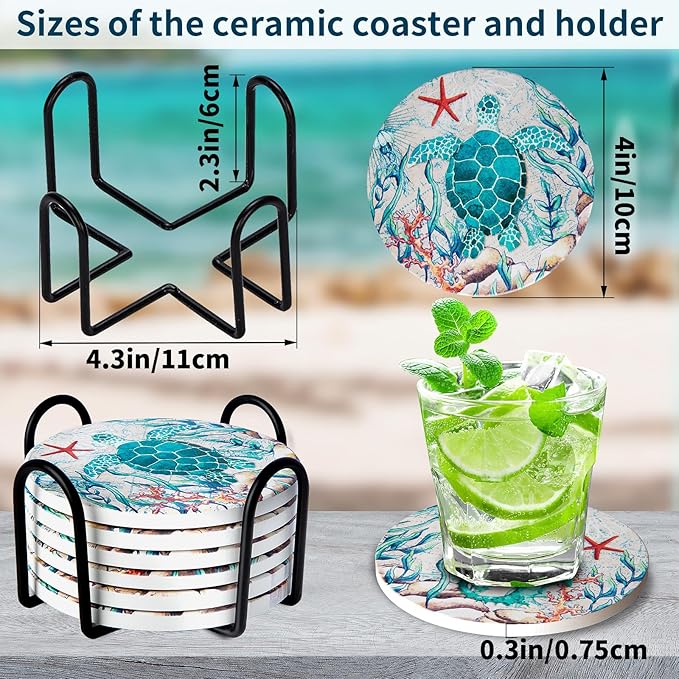 Coasters for Drinks with Holder Set of 6 Ceramic Absorbing Stone Sea Ocean Life Cork Base Coastal Decor Beach Theme Tropical Table Coaster for Coffee Cocktail Beverage Wine Beer Cup Mug
