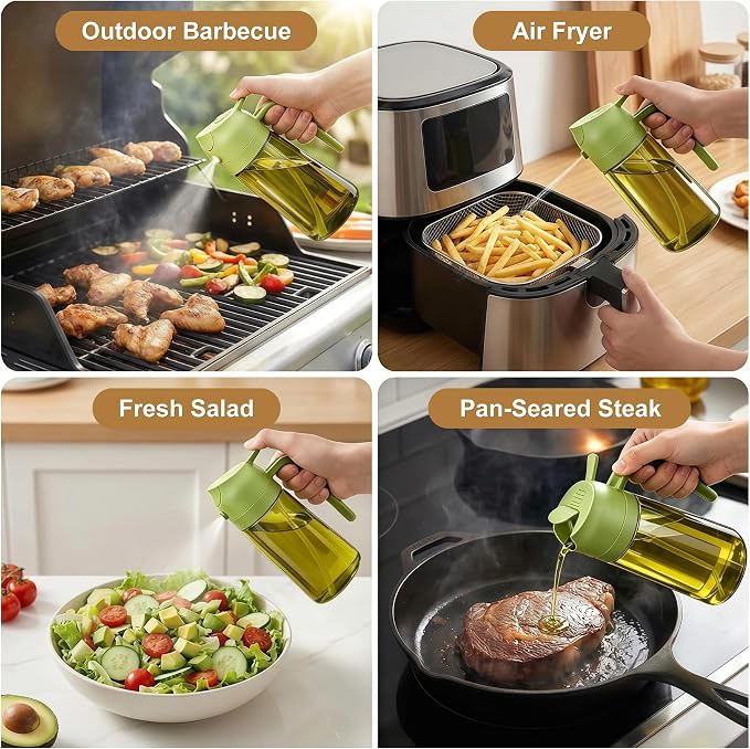 Poshetion 2 in 1 Olive Oil Sprayer for Cooking, 16oz Light-Proof Oil Dispenser for Kitchen, Leak-Proof Oil Spray Bottle for Air Fryer, Salad, BBQ, Baking, Grilling - Black & Green