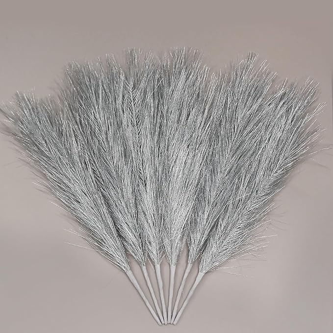 ZIFTY Pampas Grass Silver Decor 6-Pcs 17" Faux Pompas Fluffy Artificial Pompous Grass Fake Flower Bulrush Reed Grass for Vase Filler Ins Style Modern Home Christmas Wedding Decorations(Silver)