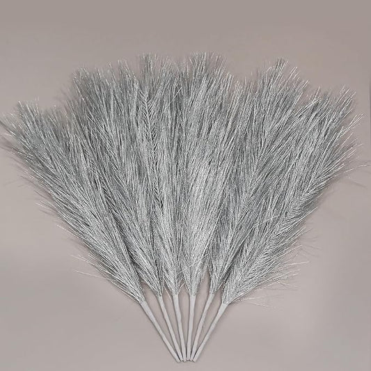 ZIFTY Pampas Grass Silver Decor 6-Pcs 17" Faux Pompas Fluffy Artificial Pompous Grass Fake Flower Bulrush Reed Grass for Vase Filler Ins Style Modern Home Christmas Wedding Decorations(Silver)