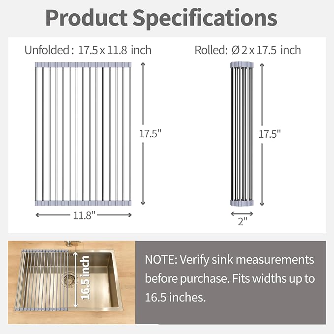 Roll Up Dish Drying Rack for Over Sink -17.5"x11.8" Foldable Stainless Steel Kitchen Drainer，Gray