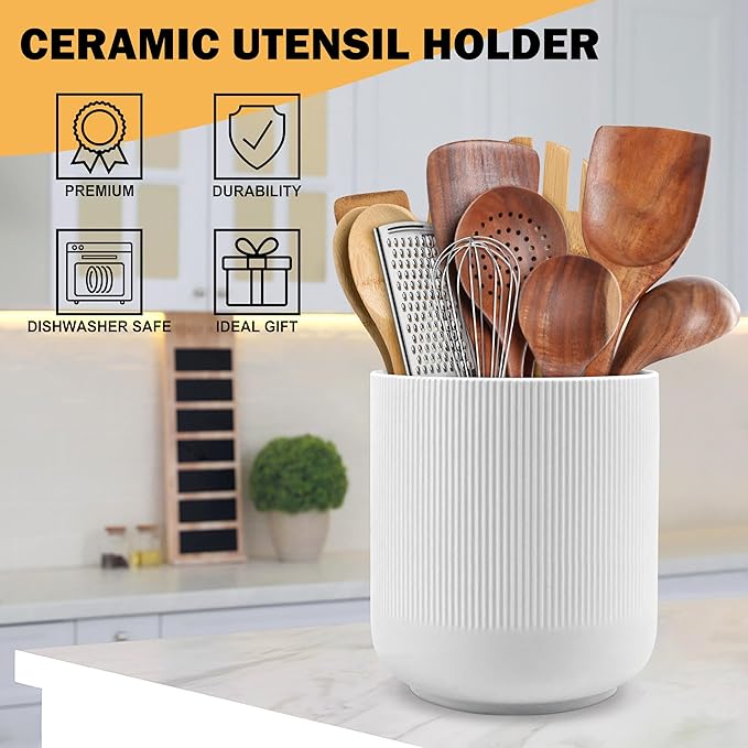 RedCall Kitchen Utensils Holder Large,Ceramic Utensil Organizer for Countertop,Morden Utensil Crock for Spoon Spatula,Home Kitchen Decor (White)