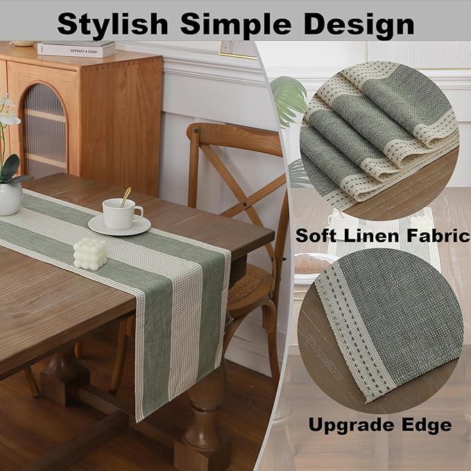 Gernaice Boho Table Runner, Rustic Striped Cotton Linen Farmhouse Table Runners for Dresser End Coffee Table Home Decor, 24" L X 13" W Sage Green