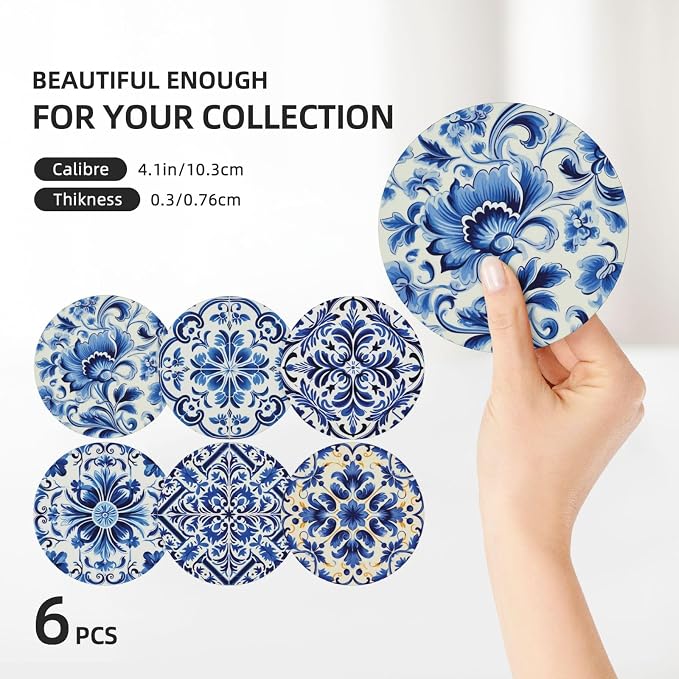 Coaster for Drinks Set of 6, Blue Vintage Spanish Ceramic Floral Absorbent Round Ceramic Stone Mat, with Cork Base and Metal Holder, Gift for Housewarming Room Bar Decor (Azulejo Tile-4)