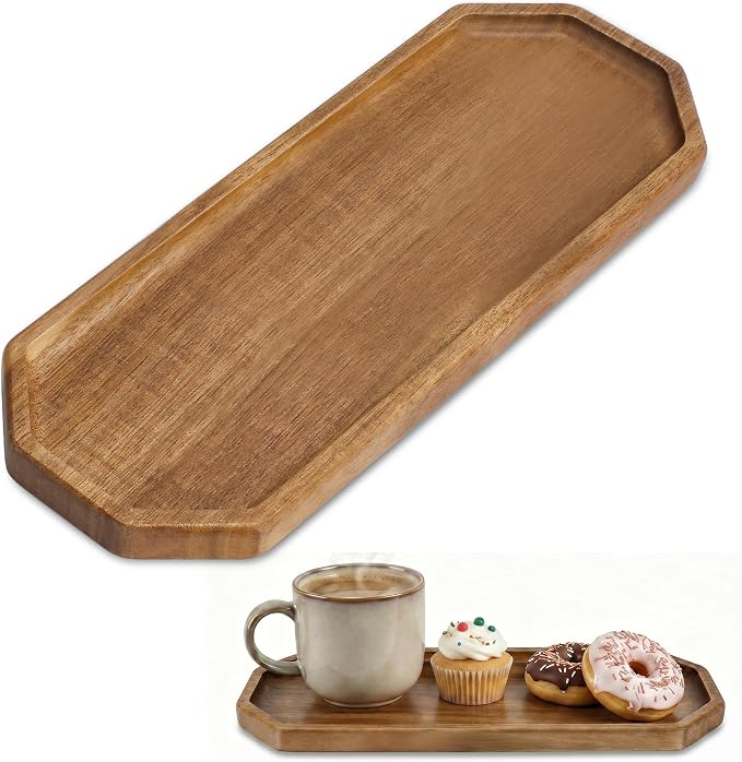 Small Wooden Tray | Acacia Wood Tray for Vanity, Bathroom Counter, Coffee Table & Toilet | Perfect for Jewelry, Remote, Perfumes & Catch All | Mini Charcuterie Board Serving Platter (Octagon)