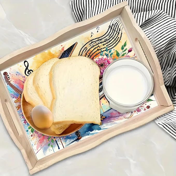 BAYUNOE DIY Diamond Serving Tray Rectangular Breakfast Tray with Handle Handmade Diamond Art Painting Wooden Tray Spring Creative Dinner Plate Coffee Room Living Home Organizer-Piano