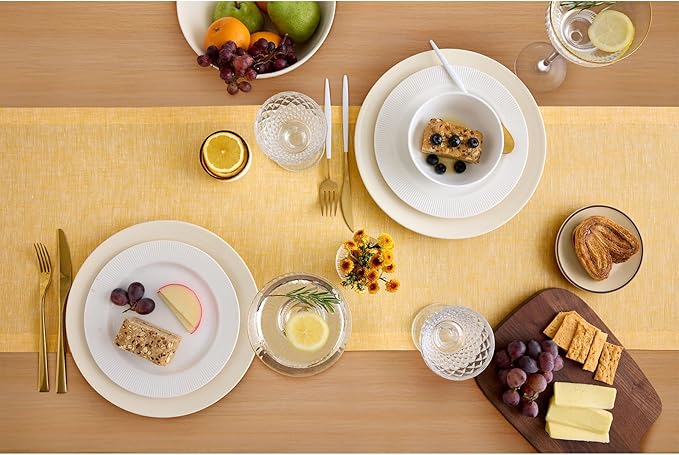 Solino Home Linen Table Runner 156 Inches Long - Athena, 100% Pure Linen Chambray Mustard Yellow Table Runner 14 x 156 Inch for Dining, Spring, Summer