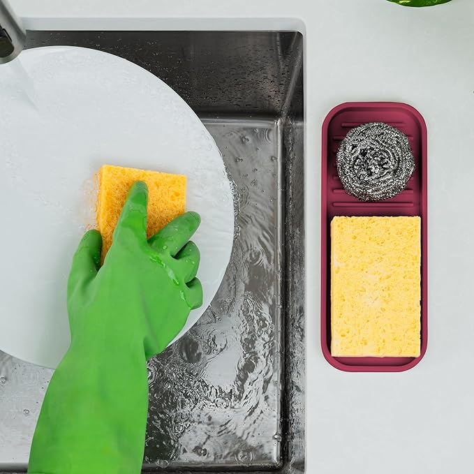 Zulay Kitchen (9x3.5) Silicone Sponge Holder for Kitchen Sink - Flexible Multipurpose Soap Tray - Sink Organizer for Kitchen, Bathroom, Makeup, Trinkets & More (Wine Red)