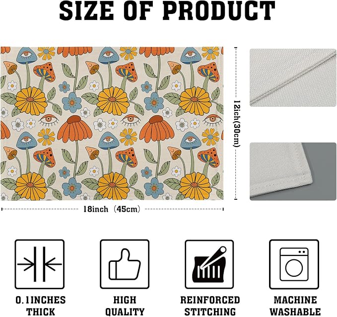 Retro Boho Floral Placemats Set of 6 70s Vintage Cute Abstract Mushrooms Fun Linen Washable Kitchen Dining Table Mats Stain Heat-Resistant Desktop Decor Place Mats for Home Party Dinner 12x18 in…