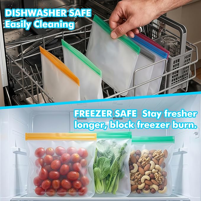 20 Pack Reusable Bags Dishwasher Safe, Leakproof Silicone Reusable Freezer Bags, Food Storage Bags BPA Free, Colored Baggies for Marinate Meats, Veggies, Salad Fruits (8 Gallon 6 Sandwich 6 Snack)