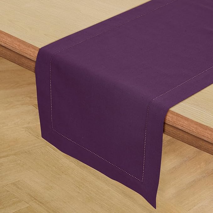 Solino Home Purple Table Runner 36 Inches - Cotton Linen Hemstitch Coffee Table Runner 14 x 36 Inch Ideal for Dresser Tables