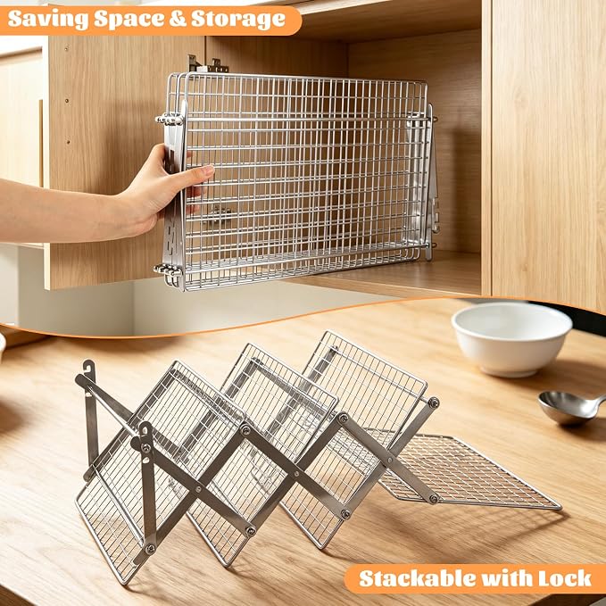 4 Tier Collapsible Cooling Rack for Cooking and Baking, Adjustable Foldable Baking Rack with 3 Height Settings, Heavy Duty Stainless Steel Wire Rack for Cookies, Bread, Cakes, Dishwasher Safe