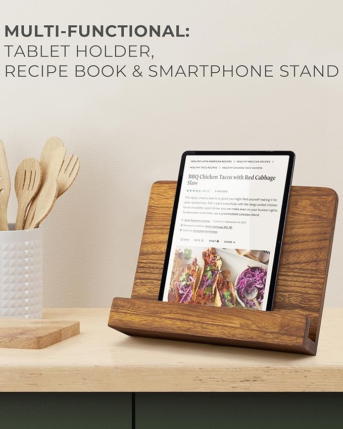 Beautiful Cookbook Stand for Your Kitchen Counter - Solid Wood Stand Easily Keeps Cook or Recipe Books Open for Convenient Cooking - Perfectly Fits Your iPad/Tablet and Enhances Any Kitchen Decor