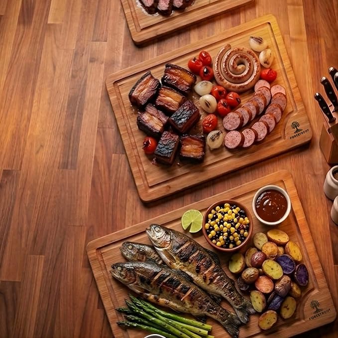 Bamboo Cutting Board Set – 3-Piece Wooden Kitchen Boards for Meal Prep & Serving – Durable Bamboo with Deep Juice Groove & Side Handles – Great for Meat, Vegetables & Charcuterie (Brown)