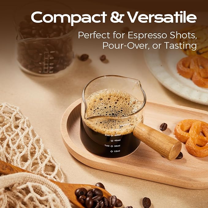 YARRAMATE 2.5 oz/75ML Espresso Shots Cup with Wooden Handle, Clear Glass Demitasse Cup with Dual Scale Markings for Coffee Extraction (1 Pack, Double Spout)