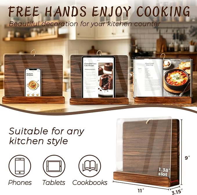 Cookbook Stand for Kitchen Counter, Acrylic Shield Recipe Book Holder, Wooden Cookbook Holder,Adjustable Easily Keep Books Open for Convenient Cooking, iPads Tablets, Retro Kitchen Decor Rustic Brown