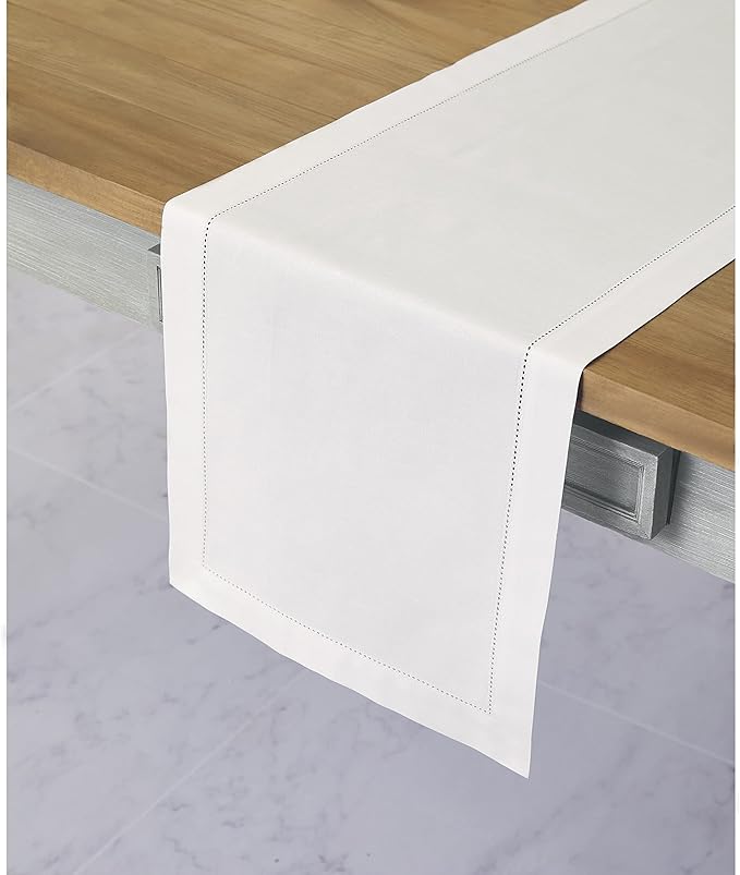 Solino Home White Table Runner 120 Inches Long - Cotton Linen Hemstitch 14 x 120 Inch Table Runner for Dining, Spring, Summer, 4th of July
