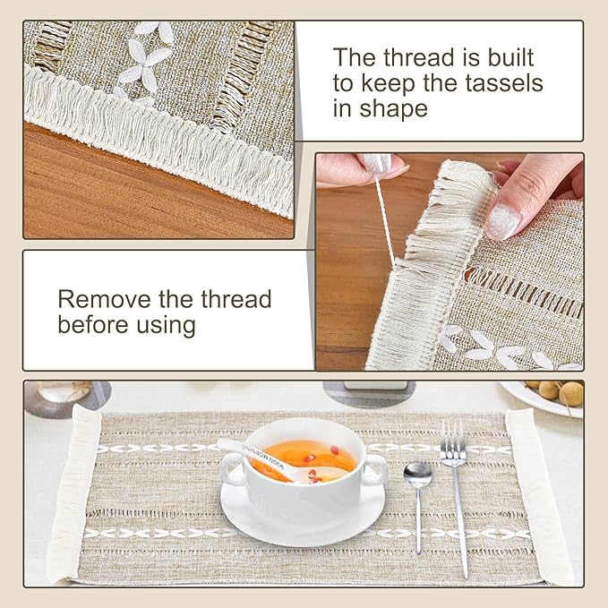 Placemats Set of 6, Boho Hemstitch Place Mats with Fringe, Washable Cotton Linen Table Mats for Dining Table, Rustic Farmhouse Kitchen Decor Home Decor