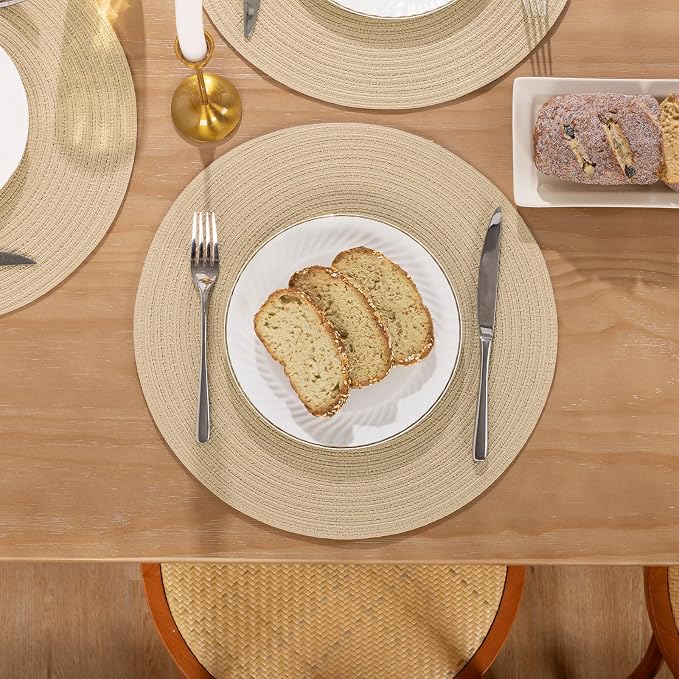 SHACOS 15 inch Round Braided Placemats Set of 4 Cotton Polyester Place Mats Washable Kitchen Dining Table Mats for Dinner Party Table Decor (Light Beige, 4)