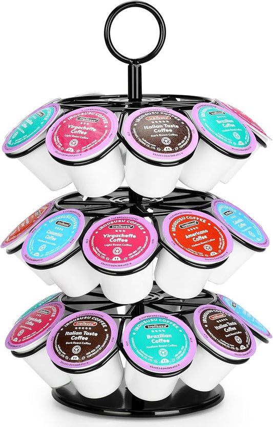ROWISE Coffee Pod Holder, Coffee Pod Carousel Holder Organizer（27 Pods, Kitchen Detachable Organizer for Countertop, Spins 360-Degrees Carousel