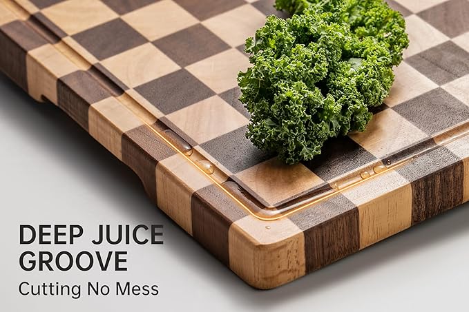 THETCHRY Cutting Boards for Kitchen, Checkered Cutting Board End Grain, Acacia Wooden Chopping Board with Juice Groove & Handle, Serving Tray for Meat, Bread & Fruit, 14"L x 11"W x 0.8"Th