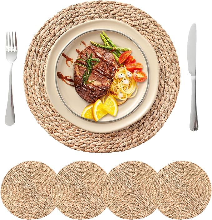 Round Woven Placemats Set of 4, 13.5'' Boho Rattan Chargers for Dinner Plates, Rustic Wicker Place Mats, Straw Braided Table Placemats, for Dining Table Decor, Wedding, Farmhouse and Outdoor