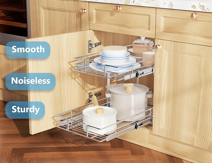 LOVMOR Individual Pull Out Cabinet Organizer, 2 Tier Cabinet Drawers Slide Out, Pots and Pans Organizer and Storage Pantry Shelf for Kitchen (20" W x 21" D)