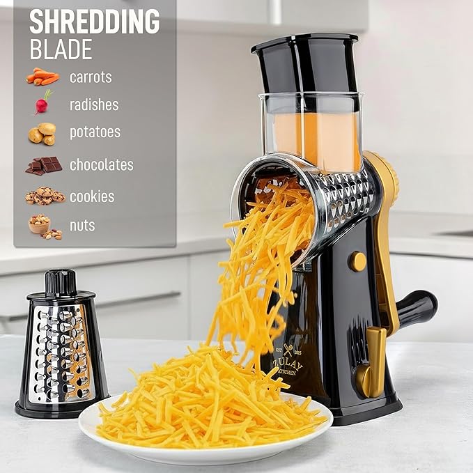 Zulay Kitchen Rotary Cheese Grater 5 Blade Cheese Shredder - Manual Hand Crank Cheese Grater With Reinforced Suction & 5 Interchangeable Drums - Easy to Use, Vegetable Chopper Round Mandoline Slicer