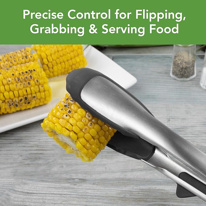 Tovolo Tongs With Silicone Tips Easy Grip 13” Long Kitchen Tongs Stainless Steel Handle For Cooking BBQ, Non Scratch Heat Resistant Locking Metal Silicone Tipped Dishwasher Safe BPA Free, Black