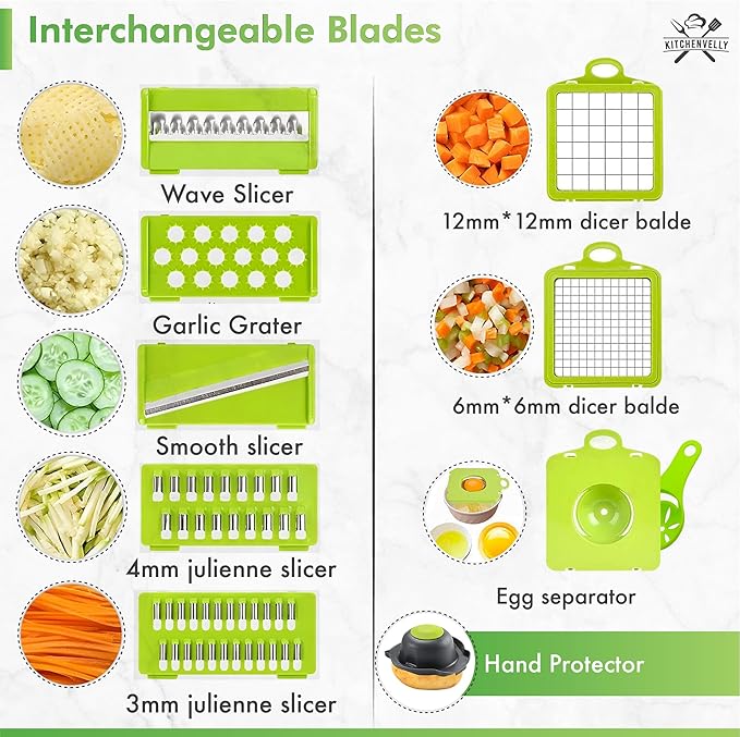 Vegetable Chopper 16 in 1 with Container, Veggie Chopper Food Chopper and Dicer, Onion Chopper Vegetable Cutter with 8 Stainless Steel Blades, Easy Meal Prep Kitchen Tool, Green