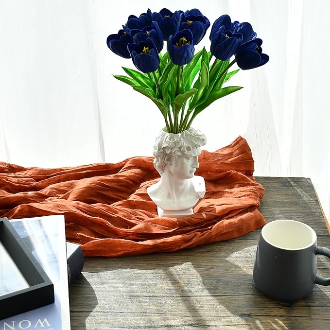 Mandy's Royal Blue Partially Open Artificial Tulips Flowers Centerpiece, 13.5" Lifelike PU Fake Floral Stems 12pcs for Kitchen Island & Dining Table, Spring Decor for Easter