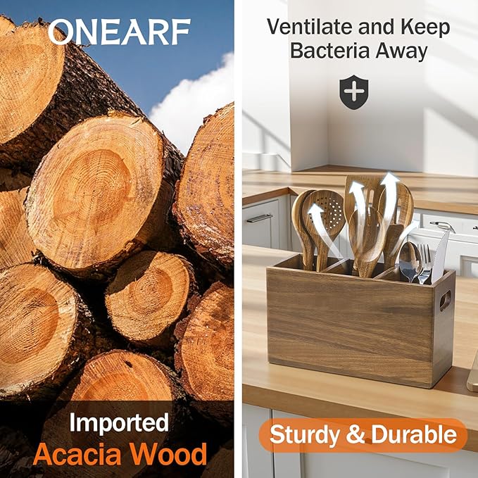 Wooden Utensil Holder Counter, Kitchen Utensil Organizer Large 3 Compartment Cooking Utensils Holder, Acacia Rustic Wood Farmhouse Storage Container Crocks for Silverware and Cooker Set