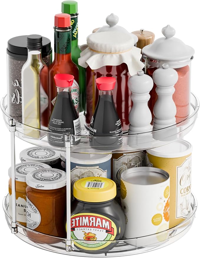 2 Tier Lazy Susan Turntable for Cabinet,Countertop,Pantry,12"W Spinning Seasoning Organizer,Double Rotating Kitchen Spice Rack Organizer and Condiments,Medicine,Vitamin Bottle Organizer Carousels,1Pc
