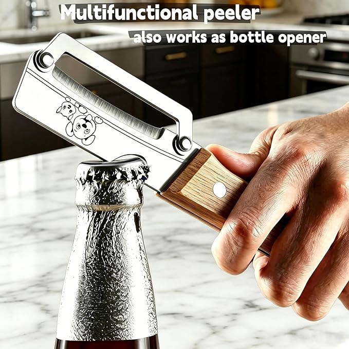 TEEVEA Multifunctional Vegetable Peeler, Zero Flex & Zero Snag, Stainless Steel with Wooden Handle, 2 in 1 Peeler with Bottle Opener for Fruit Potato Apple Carrot