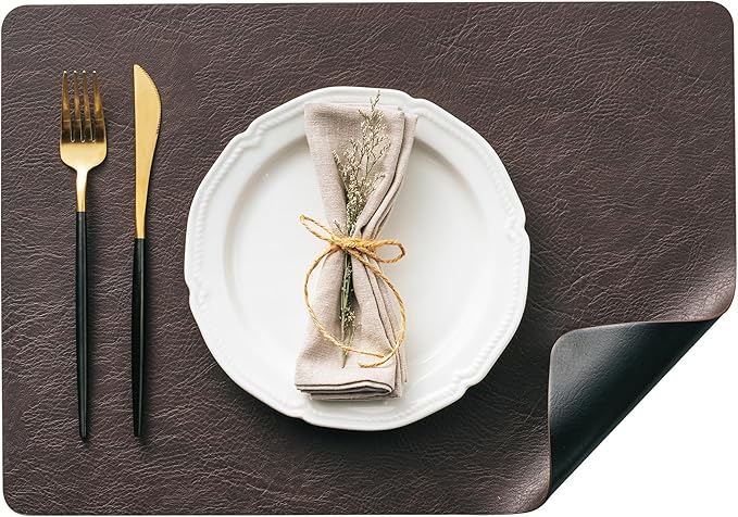 Placemats Set of 4, DOLOPL Reversible Dual-Color Faux Leather Place Mats 17"x11.8"– Waterproof, Heat Resistant, Washable & Wipeable, Luxury Retro Style for Kitchen, Dining Table (Dark Brown & Black