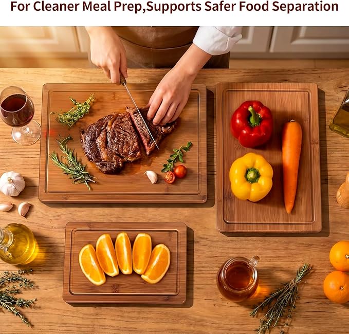 Bamboo Cutting Board Set of 3 with Holder for Compact Kitchens & Apartments | Deep juice grooves, non-slip feet and upright storage for faster drying. Great for fruit, vegetables and everyday meal prep.