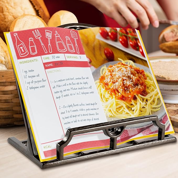 JOGREFUL Cookbook Stand, Cast Iron Heavy-Duty Recipe Book Holder, Kitchen Vintage Recipe Book Holder, Reading Rest Holder for Easel/Counter/Books/Magazine/iPad/Bible, Flower Pattern, Coffee Gold