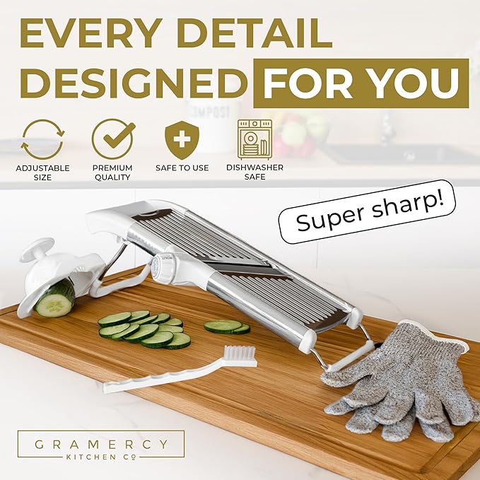 Gramercy Adjustable Mandoline Food Slicer, Mandoline Slicer for Kitchen, Mandolin, Potato, Tomato, Carrot, Vegetable, Fruit and Onion Cutter - Stainless Steel - INCLUDING 1 Pair Cut-Resistant Gloves