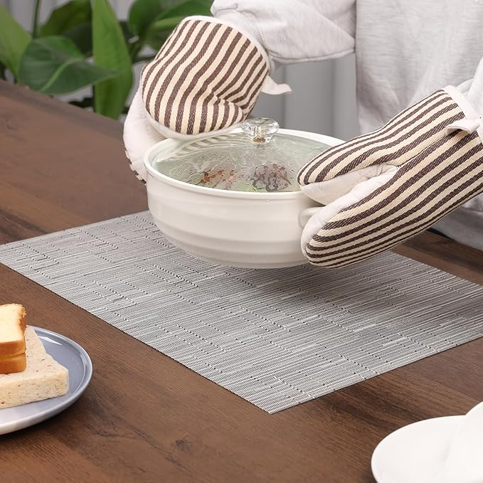 Myir JUN Placemats Set of 8, Vinyl Woven Placemats Place Mats Indoor Set of 8 Washable Table Mats Non-Slip Place mats for Dining Table (Silver, Set of 8)