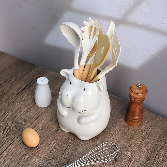 Ceramic Cartoon Animal Pattern Kitchen Utensil Holder, Large Cooking Utensil Crocks for Kitchen Countertop, Cartoon Style Utensil Organizer - Hippo