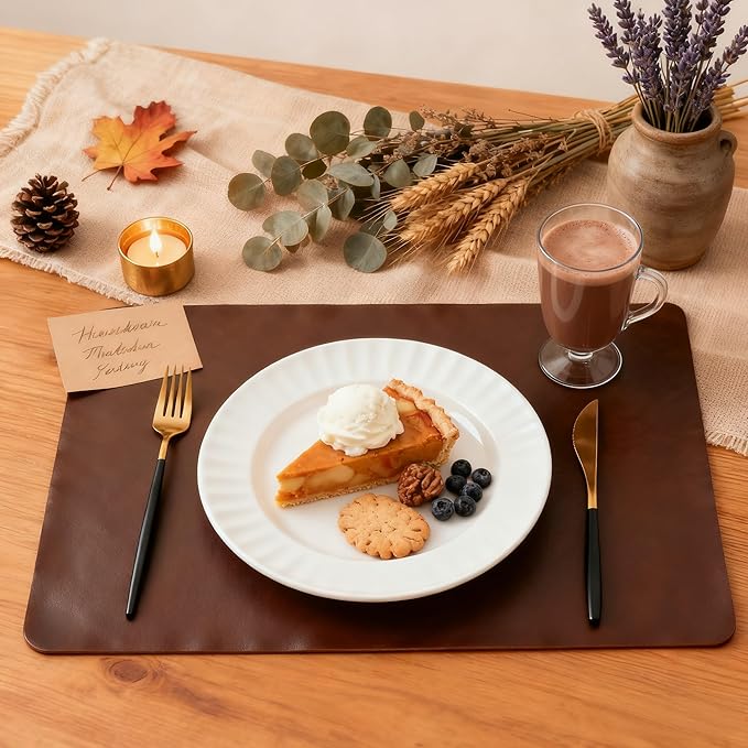 Placemats Set of 4, DOLOPL Reversible Dual-Color Faux Leather Place Mats 17"x11.8"– Waterproof, Heat Resistant, Washable & Wipeable, Luxury Retro Style for Kitchen, Dining Table (Dark Brown & Black