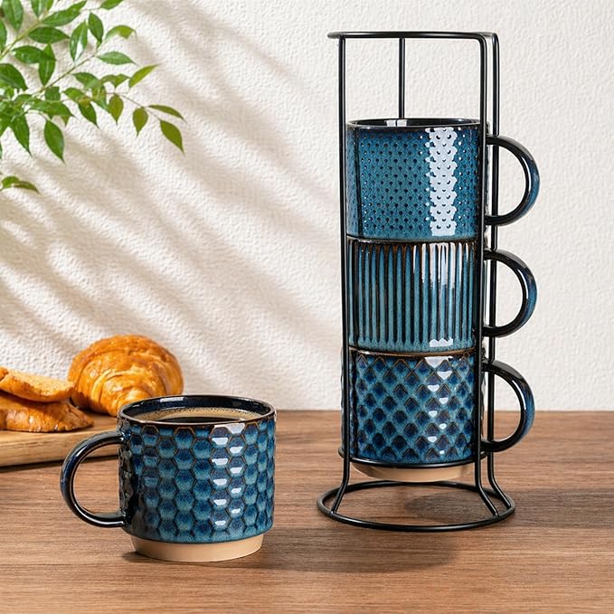 GBhome 12OZ Stackable Coffee Mugs with Stand, Ceramic Coffee Mugs with Texture Patterns for Man,Woman,Dad,Mom, Modern Coffee Cups Set of 4 for Latte/Cappuccino/Cocoa. Dishwasher&Microwave Safe