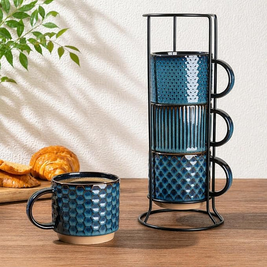 GBhome 12OZ Stackable Coffee Mugs with Stand, Ceramic Coffee Mugs with Texture Patterns for Man,Woman,Dad,Mom, Modern Coffee Cups Set of 4 for Latte/Cappuccino/Cocoa. Dishwasher&Microwave Safe