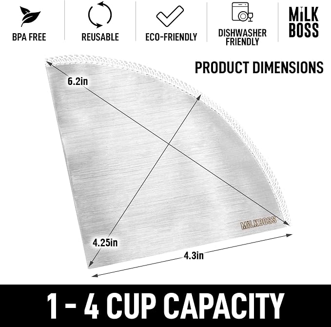 Milk Boss Pour Over Coffee Filter - Permanent Paperless Stainless Steel Reusable Coffee Filter - Flexible Fine Mesh Coffee Filter Reusable For Hario, Chemex, Ovalware, and Other Carafes (Filter #1)