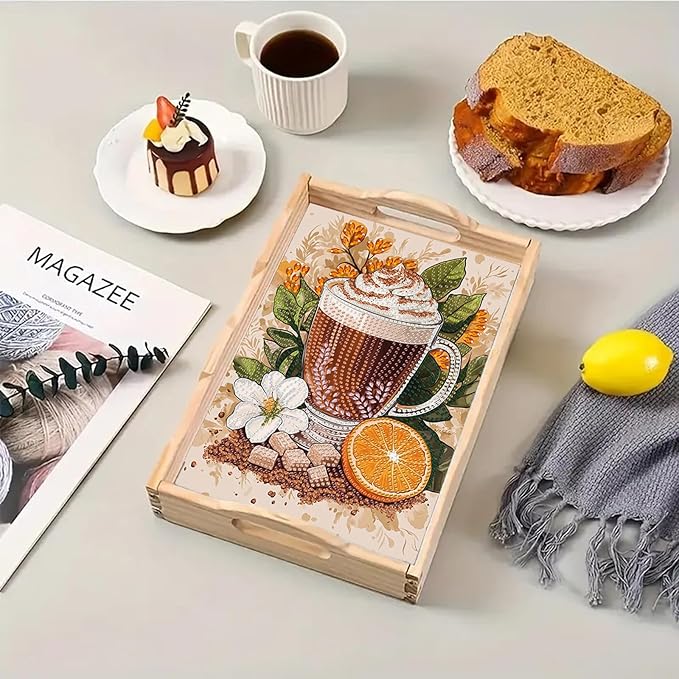 BAYUNOE DIY Diamond Serving Tray Rectangular Breakfast Tray with Handle Handmade Diamond Art Painting Wooden Tray Spring Creative Dinner Plate Coffee Room Living Home Organizer-Coffee