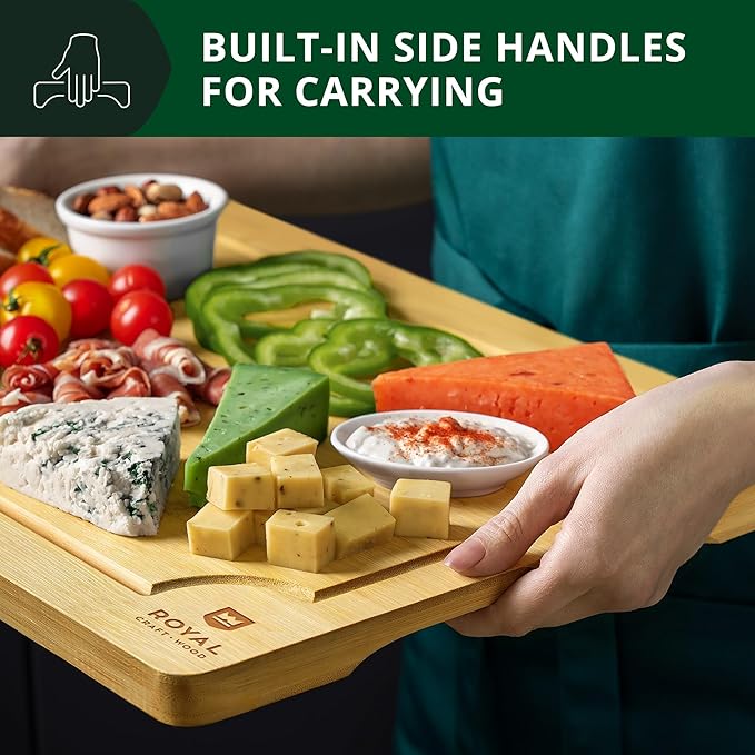 Bamboo Cutting Boards for Kitchen - Kitchen Chopping Board for Meat (Butcher Block) Cheese and Vegetables | Wooden Cutting Board Heavy Duty Serving Tray with Handles (XXL, 20 x 14")