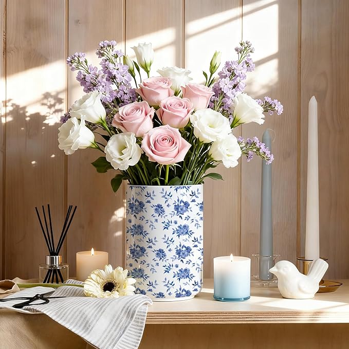 Utensil Holder, Utensil Holder for Kitchen Counter,Large Cooking Utensil Crocks for Kitchen Counter Decor,Morden Utensil Organizer,Ceramic Vase , H6.3 xD4.7(Blue and White Porcelain)