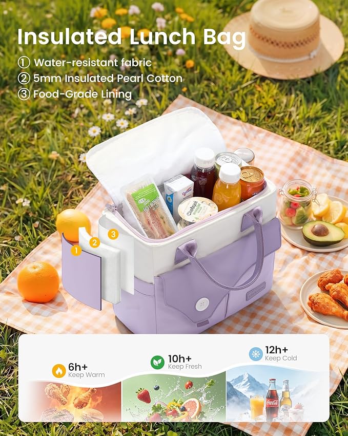 LOVEVOOK Insulated Lunch Bag for Women, Wide Opening Leakproof Cooler Tote withCup Holder and Shoulder Strap, Adult Large Lunch Box for Work Picnic,Purple