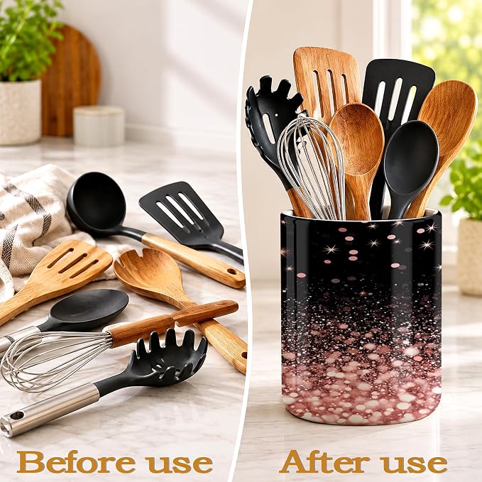 Kitchen Utensil Holder,Rose Gold Glitter Large Ceramic Utensil Crock Organizer for Spatulas,Spoons and Cooking Tools,Kitchen,Home Decoration 6.3"