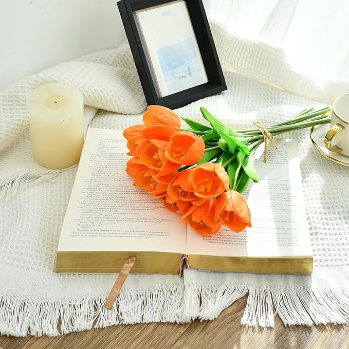 Mandy's Orange Partially Open Artificial Tulips Flowers Centerpiece, 13.5" Lifelike PU Fake Floral Stems 12pcs for Kitchen Island & Dining Table, Spring Decor for Easter